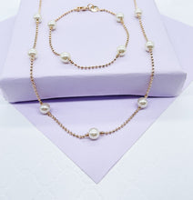 Load image into Gallery viewer, 18k Gold Filled Pearl Necklace Bracelet Set: Shinny Ball Chain