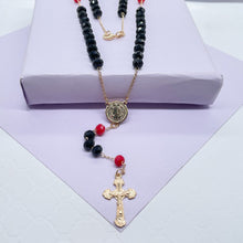 Load image into Gallery viewer, 18k Gold Filled Black and Red Beaded Rosary With San Benito Charm And Cross