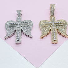 Load image into Gallery viewer, 18k Gold & Silver Filled CZ Pave Zirconia Open Angel Wings Angel featuring a Stone Cross in the Center