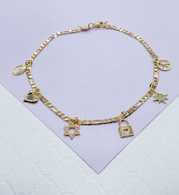 Load image into Gallery viewer, 18k Gold Filled Figaro Anklet With Multiple Positive and Love Charms