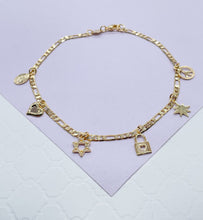 Load image into Gallery viewer, 18k Gold Filled Figaro Anklet With Multiple Positive and Love Charms
