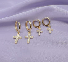 Load image into Gallery viewer, 18k Gold Filled 2 Dangling Pave Cross Hoop Earrings
