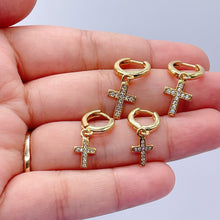 Load image into Gallery viewer, 18k Gold Filled 2 Dangling Pave Cross Hoop Earrings