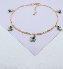 Load image into Gallery viewer, 18k Gold Filled Rolo Link Charm Anklet With Evil Eye and Seashell Charms