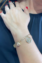 Load image into Gallery viewer, 18k Gold Filled Figaro Link Bracelet With Lotus Flower Heart and Leaf Charms