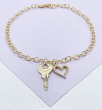 Load image into Gallery viewer, 18k Gold Filled Dainty Curb Link Anklet With Heart and Key