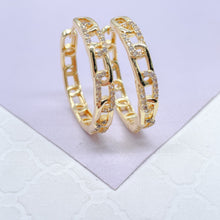 Load image into Gallery viewer, 18k Gold Filled Slim Link Hoops Patterned With CZ Stones