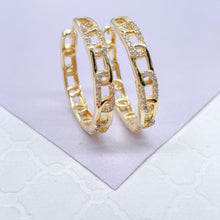 Load image into Gallery viewer, 18k Gold Filled Slim Link Hoops Patterned With CZ Stones