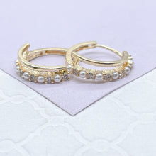 Load image into Gallery viewer, 18k Gold Filled Double Rowed Hoop Earring With Pearl and CZ & Plain Smooth Rows
