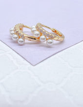 Load image into Gallery viewer, 18k Gold Filled Dual Rowed Pearl And CZ Pave Hoop Earring