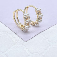 Load image into Gallery viewer, 18k Gold Filled Paired Pearl Beaded Earring With Patterned CZ Stone