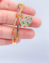 Load image into Gallery viewer, 18k Gold Filled Colorful CZ Cuff Bracelet with Multi Color Dangling Heart