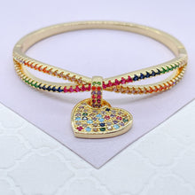 Load image into Gallery viewer, 18k Gold Filled Colorful CZ Cuff Bracelet with Multi Color Dangling Heart