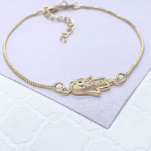 Load image into Gallery viewer, 18k Gold Filled Dainty Box Chain Bracelet with CZ Hamza Hand Charm