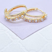 Load image into Gallery viewer, 18k Gold Filled Double Rowed Hoop Earring With Pearl and CZ & Plain Smooth Rows