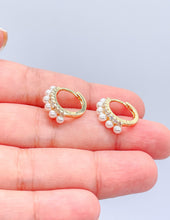Load image into Gallery viewer, 18k Gold Filled Dual Rowed Pearl And CZ Pave Hoop Earring