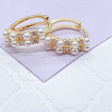 Load image into Gallery viewer, 18k Gold Filled Paired Pearl Beaded Earring With Patterned CZ Stone