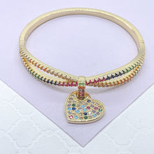 Load image into Gallery viewer, 18k Gold Filled Colorful CZ Cuff Bracelet with Multi Color Dangling Heart