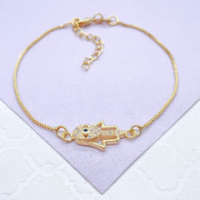 Load image into Gallery viewer, 18k Gold Filled Dainty Box Chain Bracelet with CZ Hamza Hand Charm