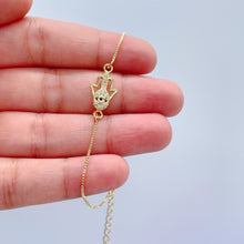 Load image into Gallery viewer, 18k Gold Filled Dainty Box Chain Bracelet with CZ Hamza Hand Charm