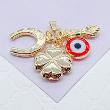 Load image into Gallery viewer, 18k Gold Filled Figa Hand Charm: Clover, Horseshoe, Evil Eye Pendant