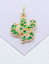 Load image into Gallery viewer, 18k Gold Filled Catcus Plant Pendant With Green CZ and small Magenta CZ Stones