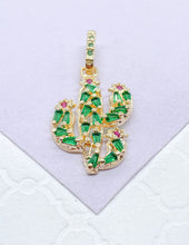 Load image into Gallery viewer, 18k Gold Filled Catcus Plant Pendant With Green CZ and small Magenta CZ Stones