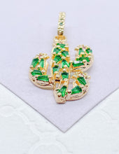 Load image into Gallery viewer, 18k Gold Filled Catcus Plant Pendant With Green CZ and small Magenta CZ Stones