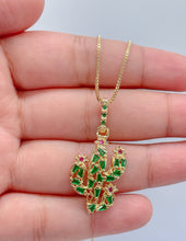 Load image into Gallery viewer, 18k Gold Filled Catcus Plant Pendant With Green CZ and small Magenta CZ Stones