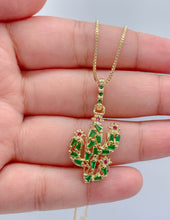 Load image into Gallery viewer, 18k Gold Filled Catcus Plant Pendant With Green CZ and small Magenta CZ Stones