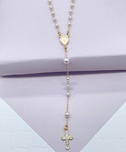 Load image into Gallery viewer, 18k Gold Filled Rosary: White Simulated Pearl Beaded Necklace