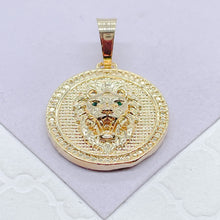 Load image into Gallery viewer, 18k Gold Filled Lion Head Medallion Pendant: Engraved Emerald Eyes