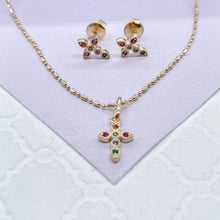 Load image into Gallery viewer, 18k Gold Filled Colorful Dainty Cross Charm & Earrings, Birthday Gift, Jewlery For Her, Faith Jewelry