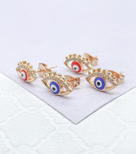 Load image into Gallery viewer, 18k Gold Filled Evil Eye Studs Crowned With Stones and Mini Lashes