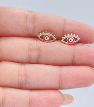 Load image into Gallery viewer, 18k Gold Filled Evil Eye Studs Crowned With Stones and Mini Lashes