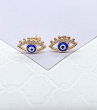 Load image into Gallery viewer, 18k Gold Filled Evil Eye Studs Crowned With Stones and Mini Lashes