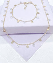 Load image into Gallery viewer, 18k Gold Filled Dainty Curb Link Choker Set With Small CZ Flat Beaded Charms Dangling, For Her, Summer Jewlery, Bridal Jewlery