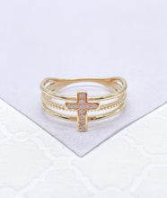 Load image into Gallery viewer, 18k Gold Filled 3 Band Ring with CZ Cross Engraved in Center