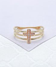 Load image into Gallery viewer, 18k Gold Filled 3 Band Ring with CZ Cross Engraved in Center