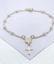 Load image into Gallery viewer, 18k Dainty Gold Filled Beaded Pearl Satellite Rosary Bracelet with Virgin Mary and Crucifix Charm