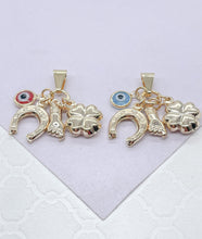 Load image into Gallery viewer, 18k Gold Filled Figa Hand Charm: Clover, Horseshoe, Evil Eye Pendant