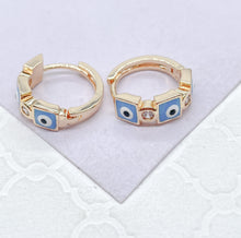 Load image into Gallery viewer, 18k Gold Filled Blue Evil Eye Hoop Earrings With Small CZ Stone