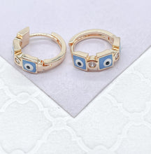 Load image into Gallery viewer, 18k Gold Filled Blue Evil Eye Hoop Earrings With Small CZ Stone