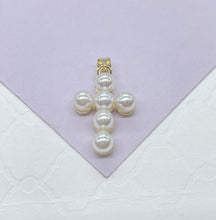 Load image into Gallery viewer, 18k Gold Filled Beaded Faux Pearl Cross, Available In 2 Sizes