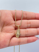 Load image into Gallery viewer, 18k Gold Filled Mini Hamsa Hand Pendant With Dainty Evil Eye in Center
