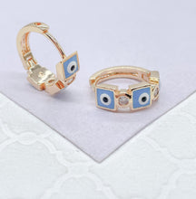 Load image into Gallery viewer, 18k Gold Filled Blue Evil Eye Hoop Earrings With Small CZ Stone