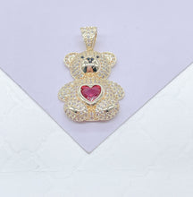 Load image into Gallery viewer, 18k Gold Filled Chunky Bear Charm With Colorful Heart Center Piece, Animal Charm, Waterproof Jewlery, Hypoallergenic Jewle