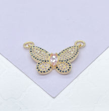 Load image into Gallery viewer, 18k Gold Filled Baby Pink Butterfly Pendant With Black Pave Outline With Marquise Cut Center, For Jewlery Making, Dainty Butterfly