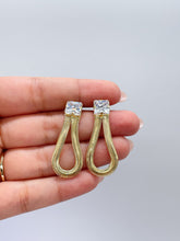 Load image into Gallery viewer, 18k Gold Filled 8.5mm Cubic Zirconia Square Stud Earrings With Dangling Smooth Snake Link, Princess Cut Square Studs,