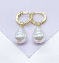 Load image into Gallery viewer, 18k Gold Filled Dangling Baroque Pearl With Pave Hoop Earring